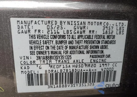 2025 Nissan Sentra S z USA, uszkodzony, nr VIN 3N1AB8BV3SY351325